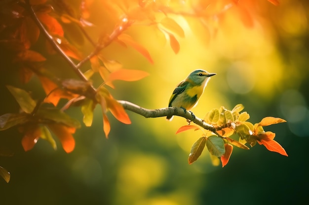 Un uccello si siede su un ramo al sole