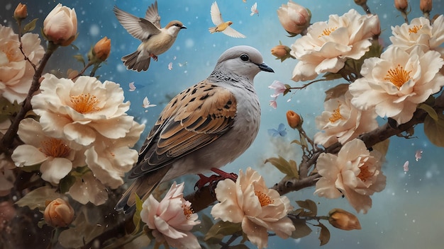 un uccello si siede su un ramo con dei fiori sullo sfondo