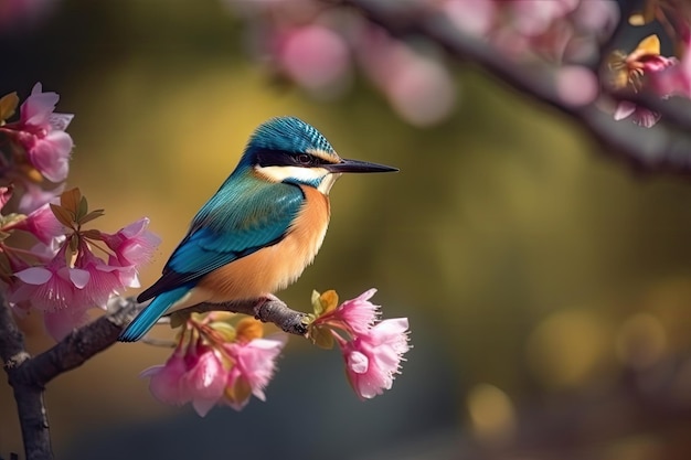 Un uccello si siede su un ramo con fiori rosa sullo sfondo