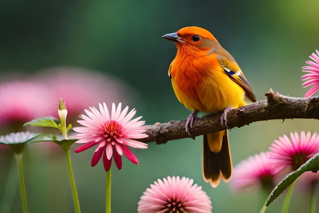 Un uccello si siede su un ramo con fiori rosa sullo sfondo.