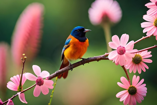 Un uccello si siede su un ramo con fiori rosa sullo sfondo