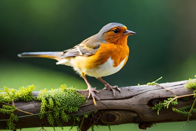 Un uccello si siede su un ramo con uno sfondo verde.