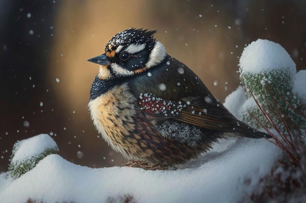 Un uccello si siede su un ramo coperto di neve nella neve.