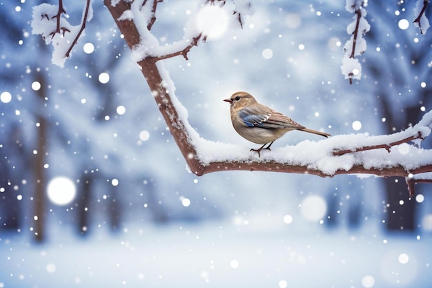 un uccello si siede su un ramo di un albero coperto di neve.