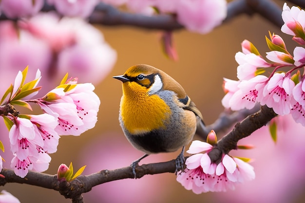 Un uccello si siede su un ramo di un albero di fiori di ciliegio.