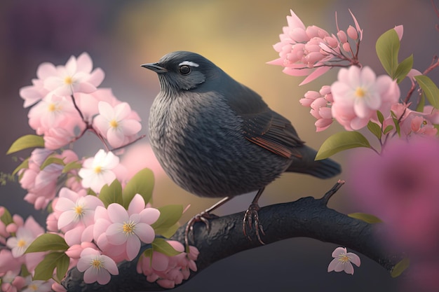 Un uccello si siede su un ramo di un albero di fiori di ciliegio.