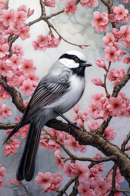 Un uccello si siede su un ramo di un ciliegio con fiori rosa.