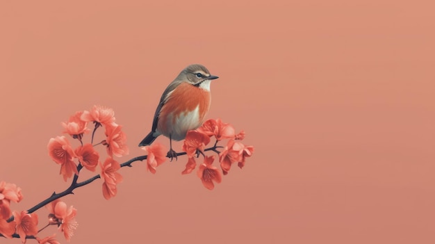 Un uccello si siede su un ramo di un fiore rosa.