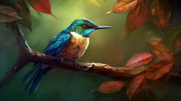 Un uccello si siede su un ramo nella foresta.