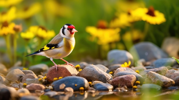 Un uccello si siede su una roccia in un giardino