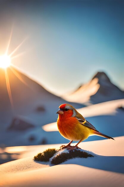 Un uccello si siede su una roccia nella neve