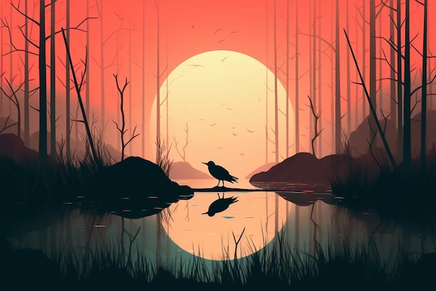 Un uccello si trova su un lago di fronte a un tramonto.