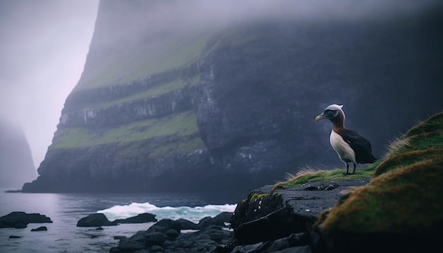 Un uccello si trova su una roccia di fronte a una cascata.