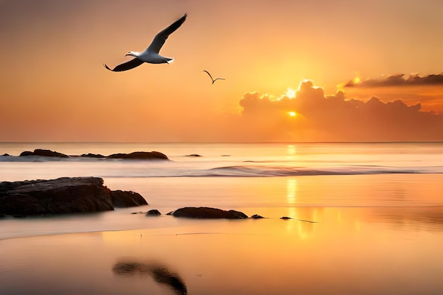 Un uccello sorvola l'oceano con un tramonto sullo sfondo.