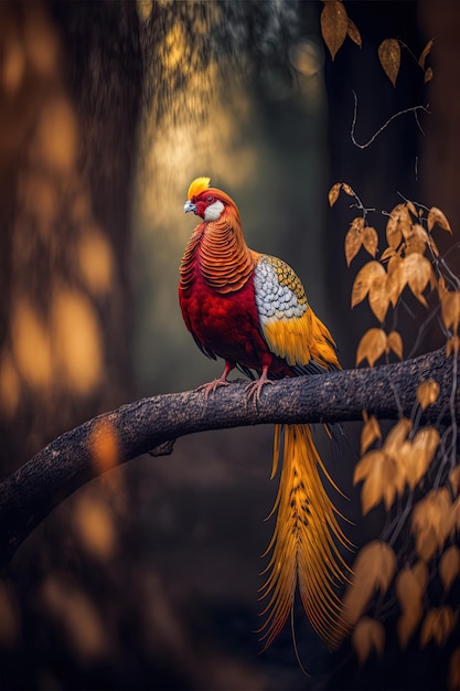 Un uccello su un albero con foglie gialle