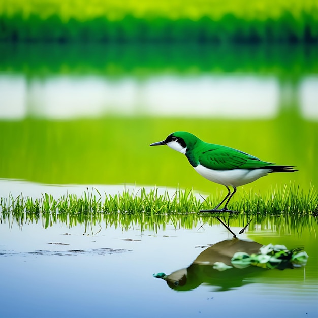 Un uccello su un lago con uno sfondo verde