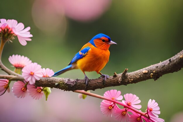 Un uccello su un ramo con fiori rosa