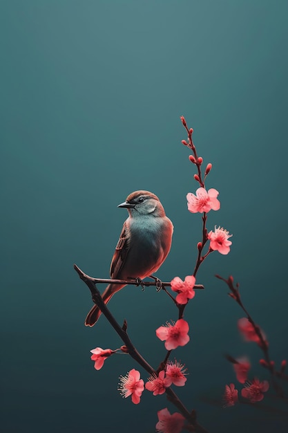 Un uccello su un ramo con fiori rosa