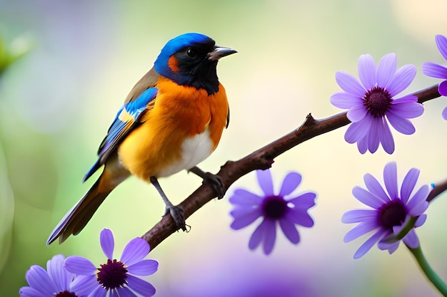 Un uccello su un ramo con fiori viola