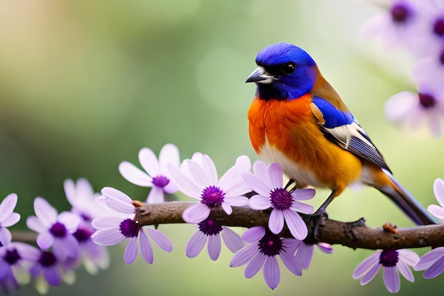 Un uccello su un ramo con fiori