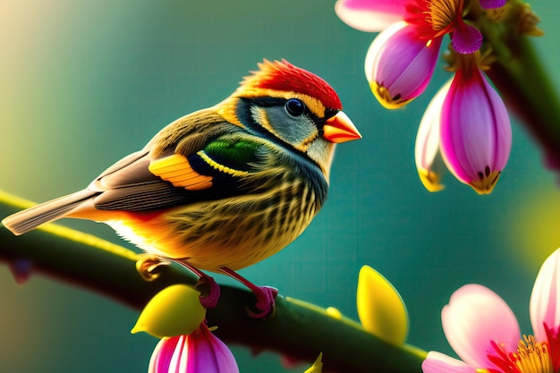 Un uccello su un ramo con fiori