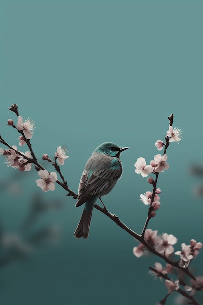 Un uccello su un ramo con sopra dei fiori
