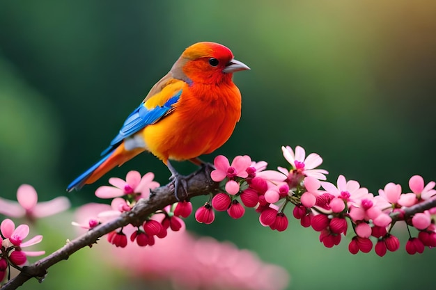 Un uccello su un ramo con un fiore rosso sullo sfondo