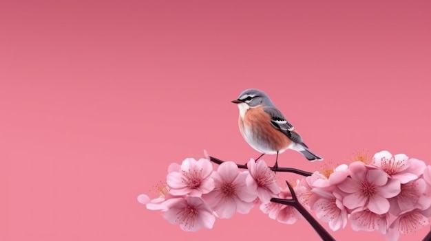 Un uccello su un ramo di un albero di fiori di ciliegio.