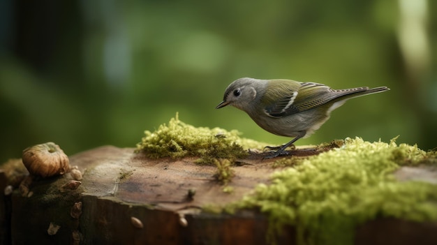 Un uccello su un tronco con muschio verde e uno sfondo verde