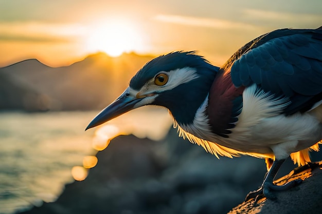 Un uccello su una roccia al tramonto con il sole che tramonta dietro di esso