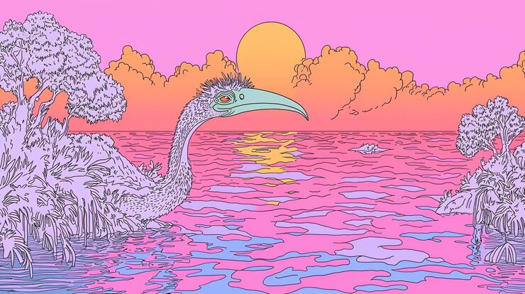 Foto un uccello surreale in un paesaggio rosa al tramonto