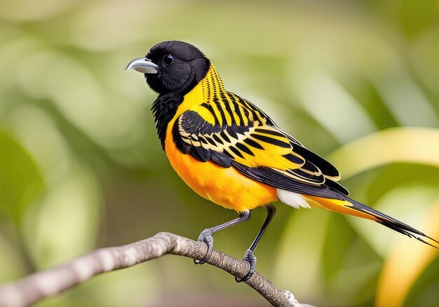 Un uccello tropicale con la testa nera e il corpo giallo-arancione si siede su un ramo