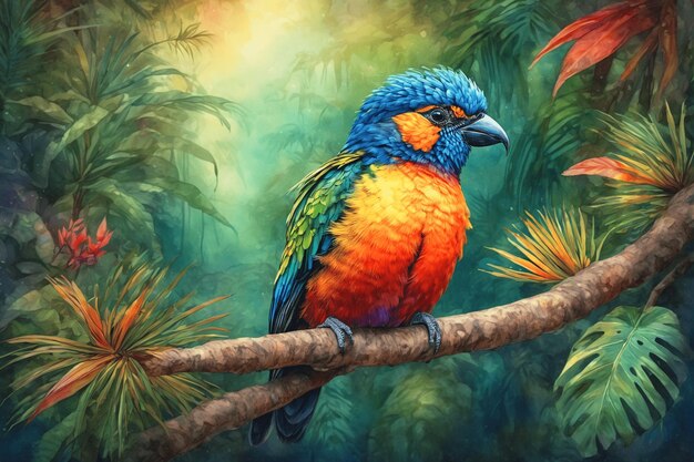 Un uccello tropicale dai colori vivaci seduto su un ramo della giungla