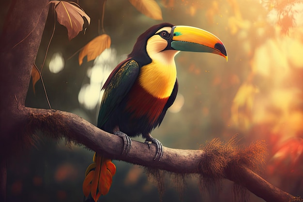 Un uccello tucano seduto su un ramo le cui piume brillano alla luce del sole create con l'IA generativa