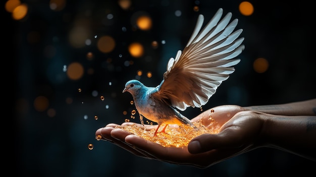 un uccello viene tenuto in mano con un uccello sullo sfondo.