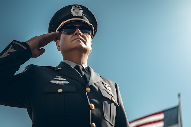 Un ufficiale in uniforme che saluta davanti a una bandiera degli Stati Uniti sotto il cielo blu