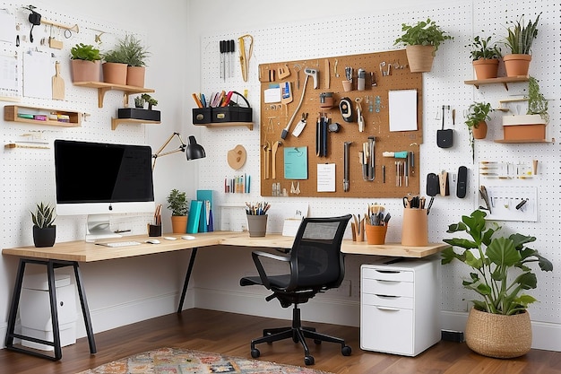 Un ufficio a casa con un pegboard montato sulla parete per la visualizzazione di strumenti creativi