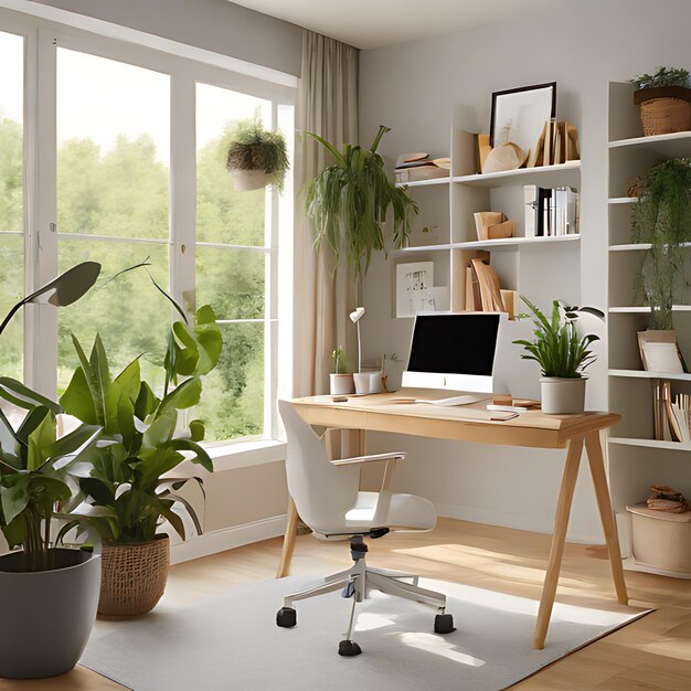 un ufficio a casa con un portatile e piante sulla scrivania