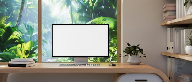 Un ufficio a casa presenta un computer su una scrivania contro la finestra con vista su una foresta tropicale