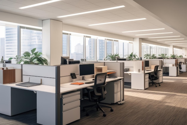 Un ufficio affollato pieno di numerosi cubicoli e scrivanie ideali per promuovere la produttività e la collaborazione tra i dipendenti Stazioni di lavoro cubicoli in una moderna torre di uffici
