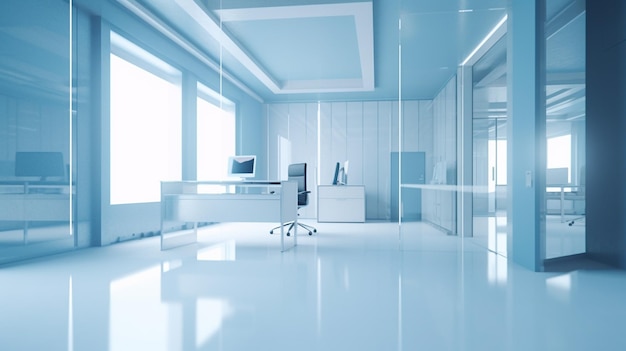 Un ufficio blu con una scrivania bianca e una parete di vetro