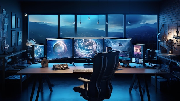 Un ufficio buio con un computer sulla scrivania e un paesaggio urbano sullo sfondo IA generativa
