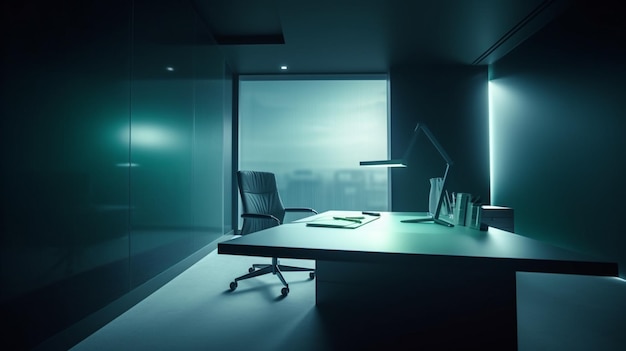Un ufficio buio con una grande finestra e una scrivania con sopra una lampada.
