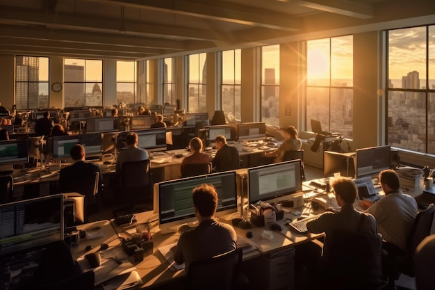 Un ufficio con pareti di vetro con vista sulla città Spazio per uffici vivace AI generativa