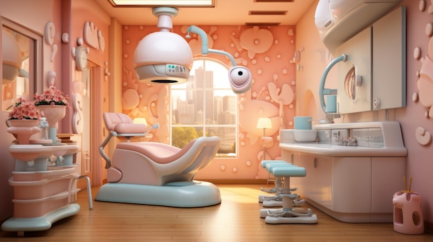 Un ufficio dentistico con un tema rosa e blu