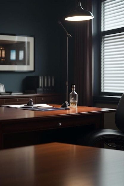 Un ufficio di investigatori privati completo di una scrivania piena di file di casi e una bottiglia di whisky.