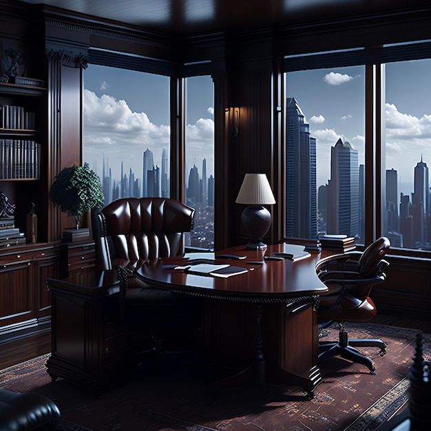 Un ufficio direzionale con ricchi mobili in mogano, sedie in pelle e una splendida vista sulla città