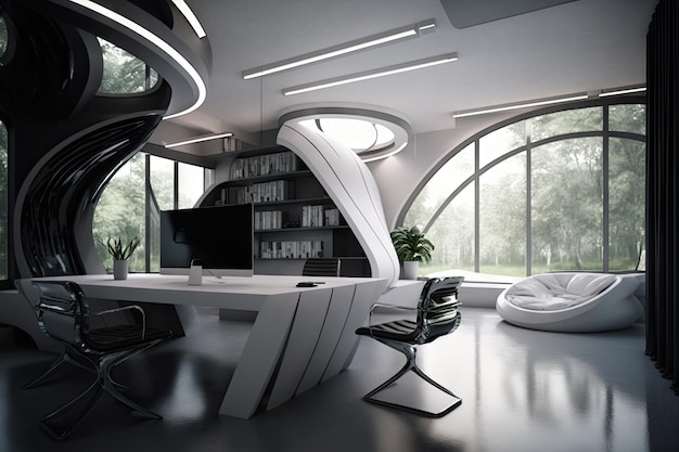 Un ufficio futuristico con spazi di lavoro aperti, arredi eleganti e un design architettonico unico