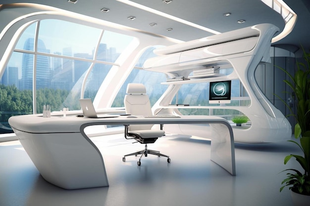 un ufficio futuristico con una scrivania e un monitor