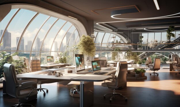 Un ufficio futuristico con vista sulla città